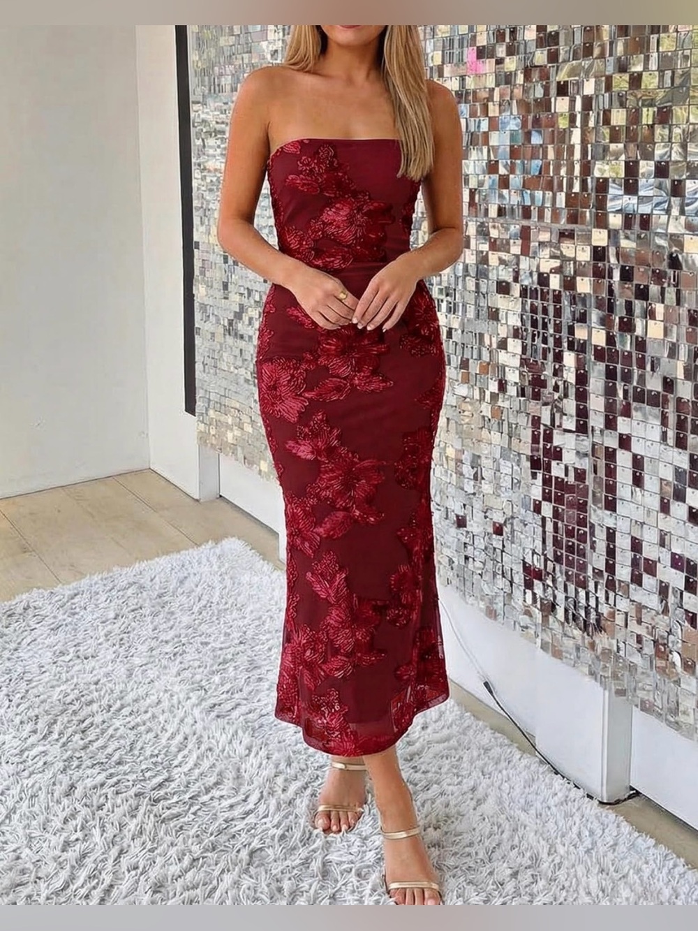 Strapless Burgundy Floral Midi Dress